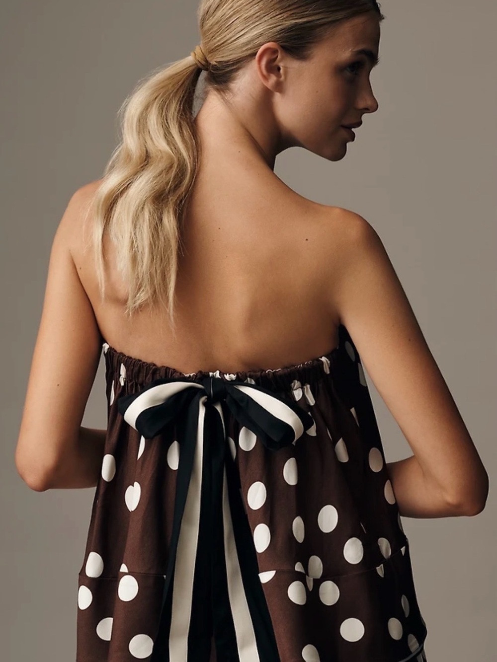 Maeve Strapless Brown & Cream Polka-Dot Wide-Leg Pants and Strapless Top - Picture 3 of 8